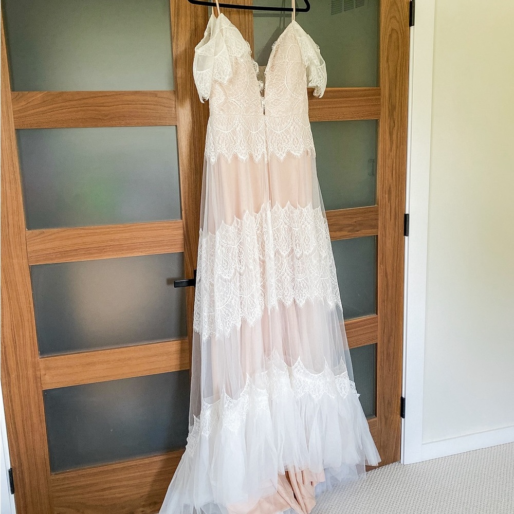 Bohemian Lace Wedding Dress with blush pink underlay